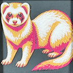 Geometric ferret framed layered 3D art in Teal Orange color palette, featuring a ferret portrait with turquoise, orange, black, and white layered details inside a charcoal matte display frame.