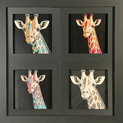 Four-panel framed geometric giraffe layered 3D art set showing the giraffe design in Heritage, Crimson Ice, Royal Gold, and Teal Orange color palettes inside a charcoal matte four-pack display frame.