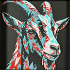 Geometric goat framed layered 3D art in Crimson Ice color palette, featuring a bold goat portrait with cyan, red, magenta, black, and white layered details inside a charcoal matte display frame.