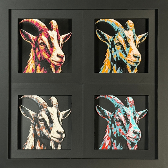 Four-panel framed geometric goat layered 3D art set showing the goat design in Heritage, Crimson Ice, Royal Gold, and Teal Orange color palettes inside a charcoal matte four-pack display frame.