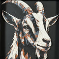 Geometric goat framed layered 3D art in Heritage color palette, featuring a bold goat portrait with soft white, gray, black, and neutral brown layered details inside a charcoal matte display frame.