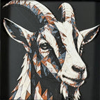 Geometric goat framed layered 3D art in Heritage color palette, featuring a bold goat portrait with soft white, gray, black, and neutral brown layered details inside a charcoal matte display frame.