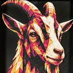 Geometric goat framed layered 3D art in Royal Gold color palette, featuring a bold goat portrait with gold, blue, black, and white layered details inside a charcoal matte display frame.