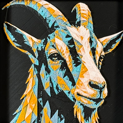Geometric mountain lion framed layered 3D art in Teal Orange color palette, featuring a bold mountain lion portrait with turquoise, orange, black, and white layered details inside a charcoal matte display frame.