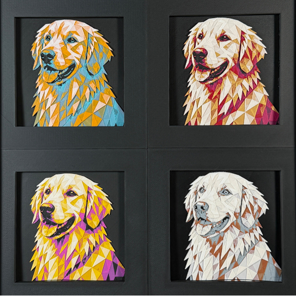 Four-panel framed golden retriever layered 3D pet art set showing the golden retriever design in Heritage, Crimson Ice, Royal Gold, and Teal Orange color palettes inside a charcoal matte four-pack display frame.