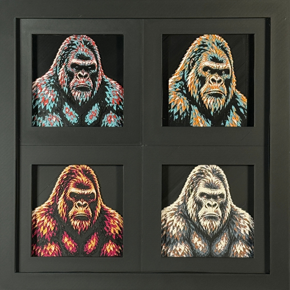 Four-panel framed geometric gorilla layered 3D art set showing the gorilla design in Heritage, Crimson Ice, Royal Gold, and Teal Orange color palettes inside a charcoal matte four-pack display frame.