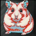 Geometric hamster framed layered 3D art in Crimson Ice color palette, featuring a hamster portrait with cyan, red, magenta, black, and white layered details inside a charcoal matte display frame.