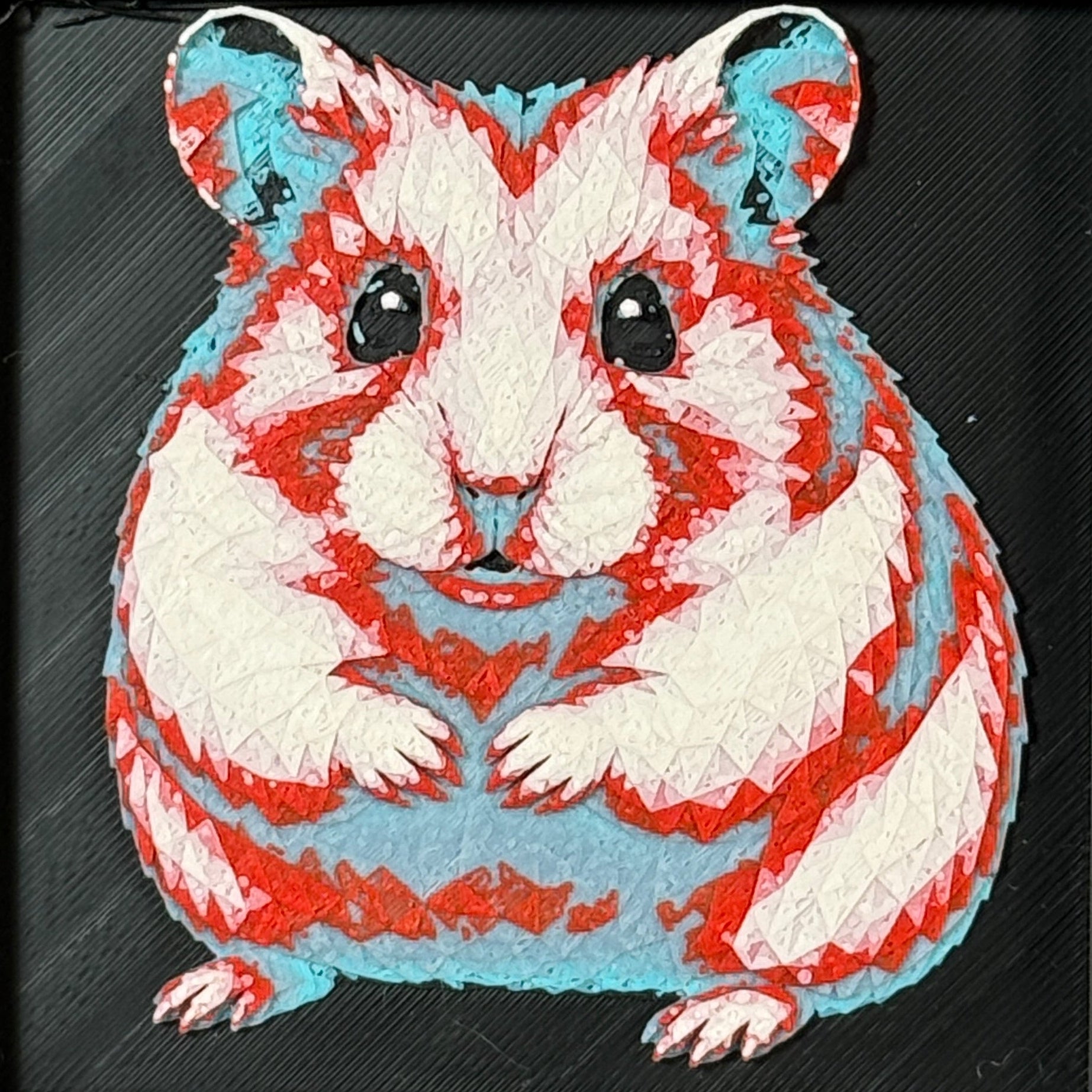 Geometric hamster framed layered 3D art in Crimson Ice color palette, featuring a hamster portrait with cyan, red, magenta, black, and white layered details inside a charcoal matte display frame.