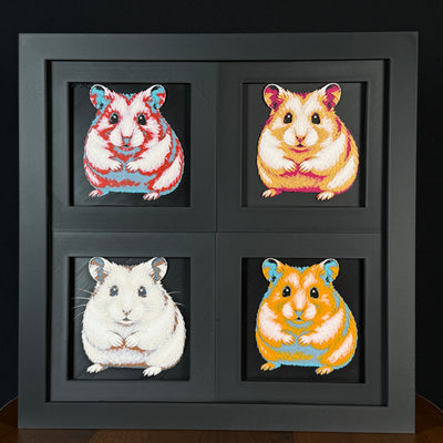 Four-panel framed geometric hamster layered 3D art set showing the hamster design in Heritage, Crimson Ice, Royal Gold, and Teal Orange color palettes inside a charcoal matte four-pack display frame.