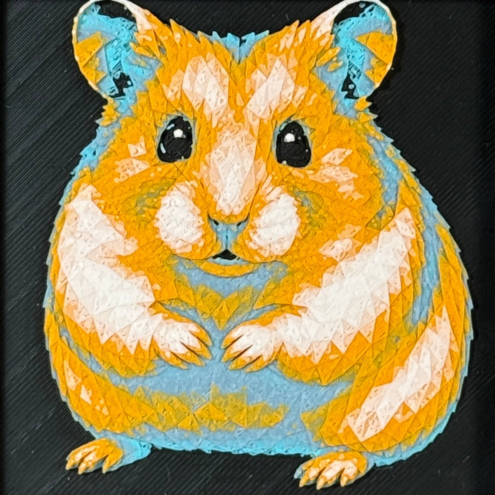 Geometric hamster framed layered 3D art in Teal Orange color palette, featuring a hamster portrait with turquoise, orange, black, and white layered details inside a charcoal matte display frame.