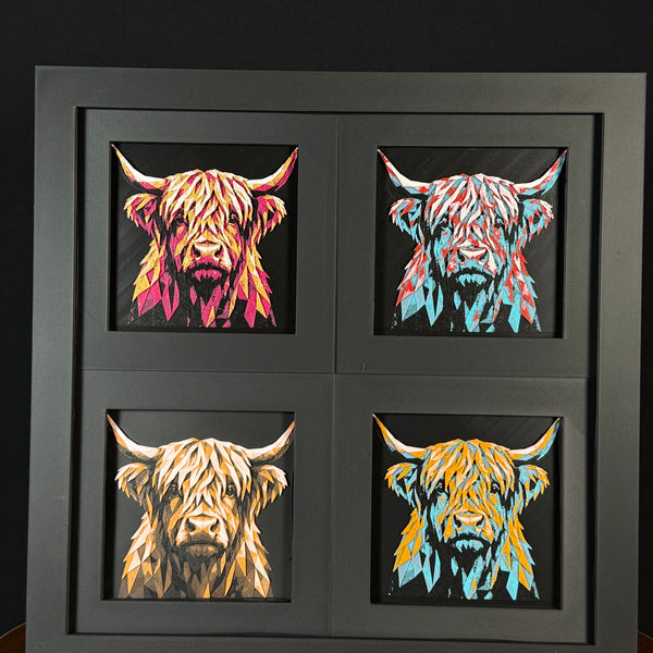 Four-panel framed geometric highland cow layered 3D art set showing the highland cow design in Heritage, Crimson Ice, Royal Gold, and Teal Orange color palettes inside a charcoal matte four-pack display frame.