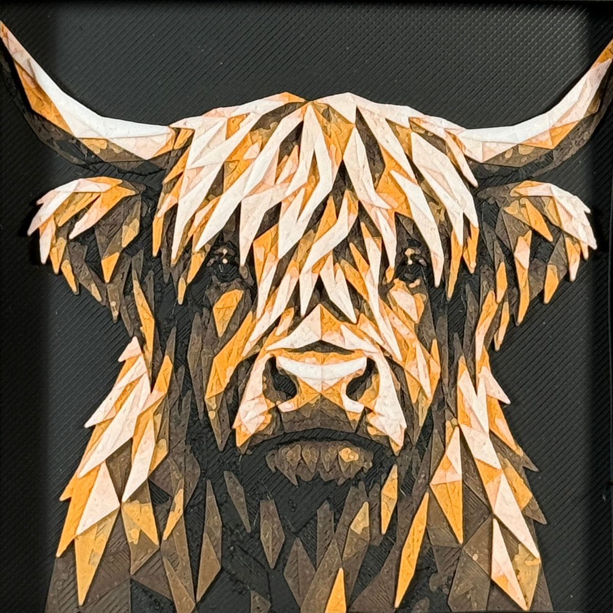 Geometric cow framed layered 3D art in Heritage color palette, featuring a bold cow portrait with soft white, gray, black, and neutral brown layered details inside a charcoal matte display frame.