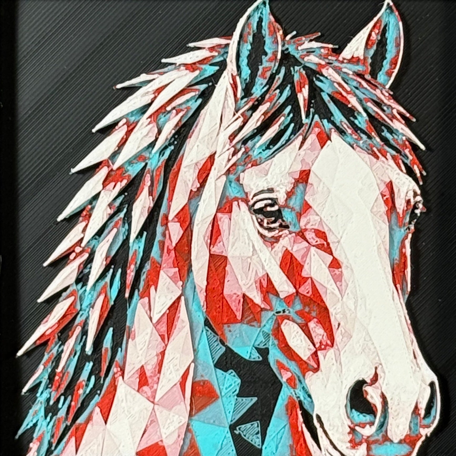 Geometric horse framed layered 3D art in Crimson Ice color palette, featuring a horse portrait with cyan, red, magenta, black, and white layered details inside a charcoal matte display frame.