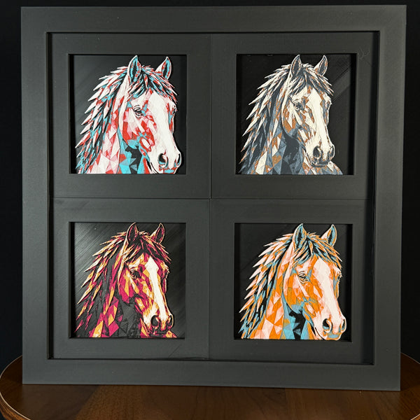 Four-panel framed geometric horse layered 3D art set showing the horse design in Heritage, Crimson Ice, Royal Gold, and Teal Orange color palettes inside a charcoal matte four-pack display frame.