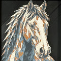 Geometric horse framed layered 3D art in Heritage color palette, featuring a horse portrait with soft white, gray, black, and neutral brown layered details inside a charcoal matte display frame.