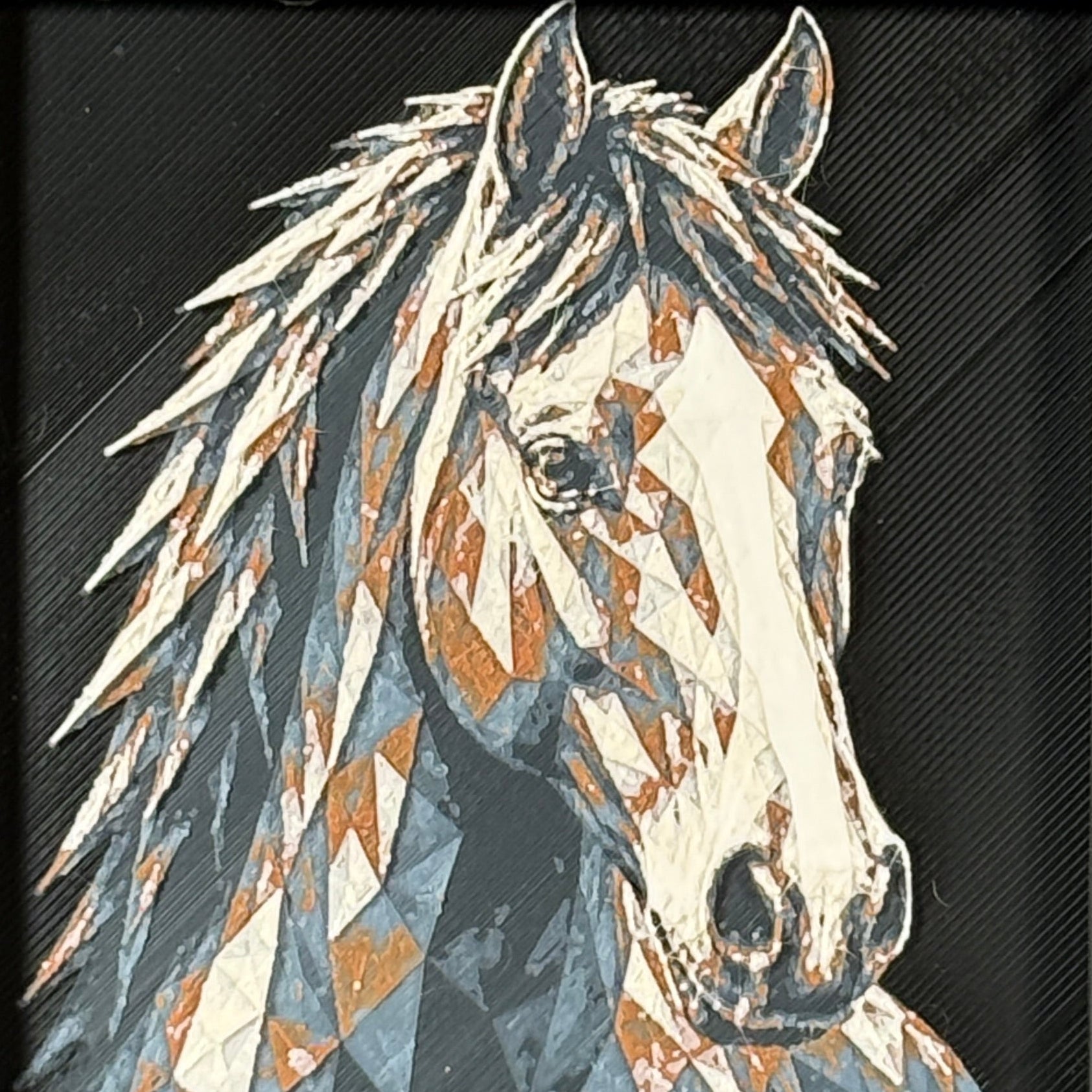 Geometric horse framed layered 3D art in Heritage color palette, featuring a horse portrait with soft white, gray, black, and neutral brown layered details inside a charcoal matte display frame.