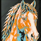 Geometric horse framed layered 3D art in Teal Orange color palette, featuring a horse portrait with turquoise, orange, black, and white layered details inside a charcoal matte display frame.