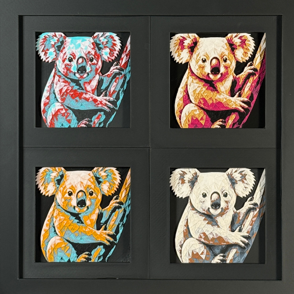 Four-panel framed geometric koala layered 3D art set showing the koala design in Heritage, Crimson Ice, Royal Gold, and Teal Orange color palettes inside a charcoal matte four-pack display frame.
