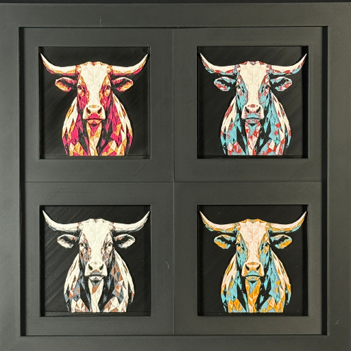 Four-panel framed geometric Longhorn layered 3D art set showing the steer design in Heritage, Crimson Ice, Royal Gold, and Teal Orange color palettes inside a charcoal matte four-pack display frame.