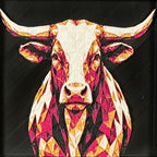 Geometric longhorn framed layered 3D art in Royal Gold color palette, featuring a bold steer portrait with gold, blue, black, and white layered details inside a charcoal matte display frame.