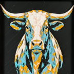Geometric Longhorn framed layered 3D art in Teal Orange color palette, featuring a bold steer portrait with turquoise, orange, black, and white layered details inside a charcoal matte display frame.
