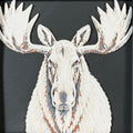 Geometric moose framed layered 3D art in Heritage color palette, featuring a bold moose portrait with soft white, gray, black, and neutral brown layered details inside a charcoal matte display frame.