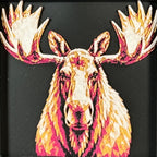 Geometric moose framed layered 3D art in Crimson Ice color palette, featuring a moose portrait with cyan, red, magenta, black, and white layered details inside a charcoal matte display frame.