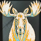 Geometric moose framed layered 3D art in Royal Gold color palette, featuring a moose portrait with gold, blue, black, and white layered details inside a charcoal matte display frame.