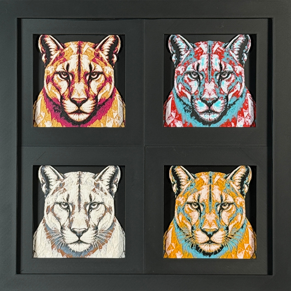 Four-panel framed geometric mountain lion layered 3D art set showing the mountain lion design in Heritage, Crimson Ice, Royal Gold, and Teal Orange color palettes inside a charcoal matte four-pack display frame.