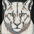 Geometric mountain lion framed layered 3D art in Heritage color palette, featuring a bold mountain lion portrait with soft white, gray, black, and neutral brown layered details inside a charcoal matte display frame.