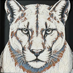 Geometric mountain lion framed layered 3D art in Heritage color palette, featuring a bold mountain lion portrait with soft white, gray, black, and neutral brown layered details inside a charcoal matte display frame.