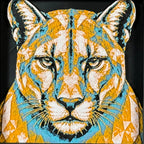 Geometric mountain lion framed layered 3D art in Teal Orange color palette, featuring a bold mountain lion portrait with turquoise, orange, black, and white layered details inside a charcoal matte display frame.