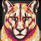 Geometric mountain lion framed layered 3D art in Royal Gold color palette, featuring a bold mountain lion portrait with gold, blue, black, and white layered details inside a charcoal matte display frame.