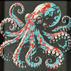 Framed geometric octopus layered 3D art piece featuring a stylized octopus design in a vibrant Crimson Ice color palette.