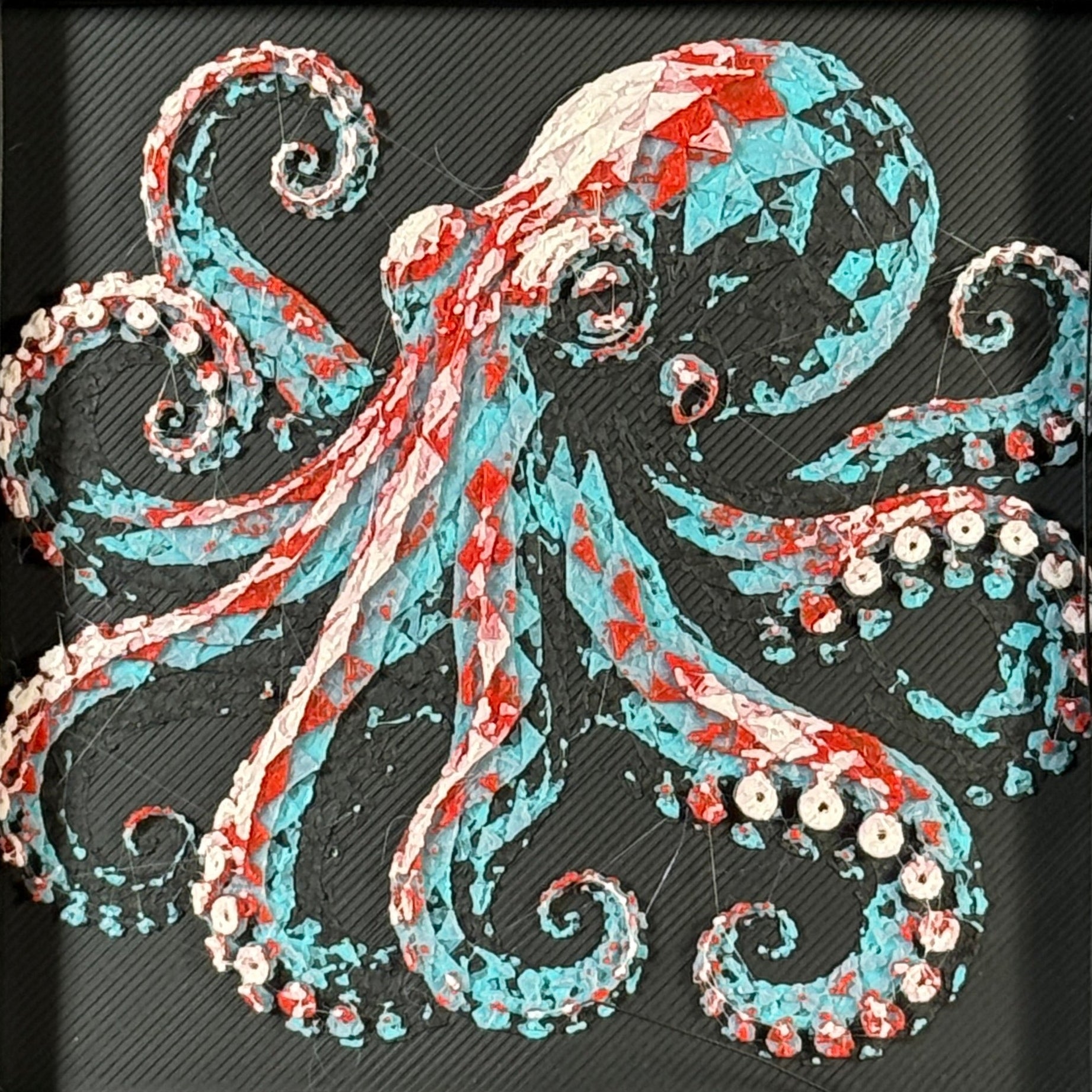 Framed geometric octopus layered 3D art piece featuring a stylized octopus design in a vibrant Crimson Ice color palette.