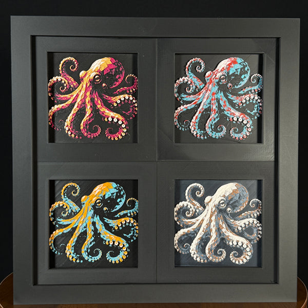 Four-panel framed geometric octopus layered 3D art set showing the octopus design in Heritage, Crimson Ice, Royal Gold, and Teal Orange color palettes inside a charcoal matte four-pack display frame.