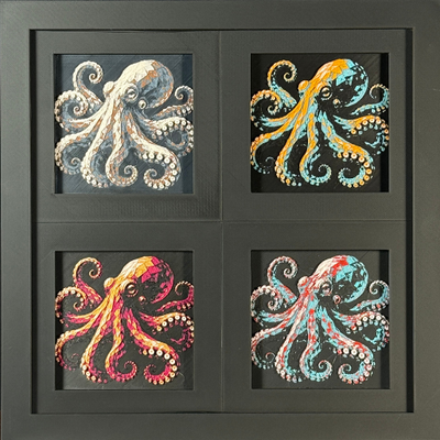 Four-panel framed geometric octopus layered 3D art set showing the octopus design in Heritage, Crimson Ice, Royal Gold, and Teal Orange color palettes inside a charcoal matte four-pack display frame.