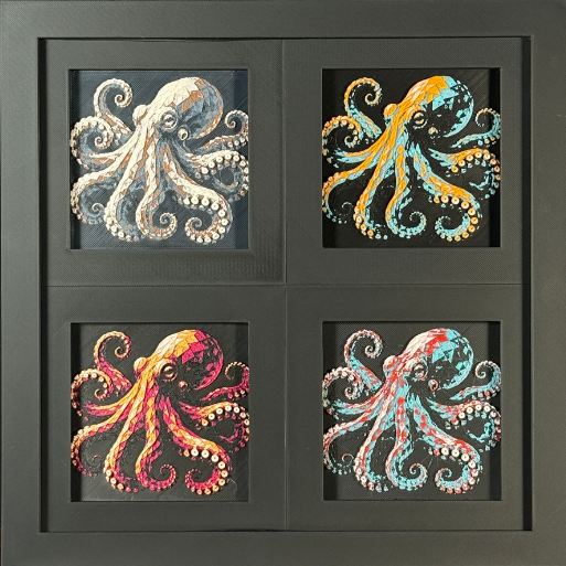 Four-panel framed geometric octopus layered 3D art set showing the octopus design in Heritage, Crimson Ice, Royal Gold, and Teal Orange color palettes inside a charcoal matte four-pack display frame.
