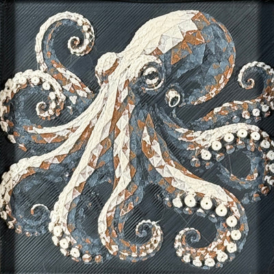 Framed geometric octopus layered 3D art piece featuring a stylized octopus design in a classic Heritage monochrome grey and white palette.