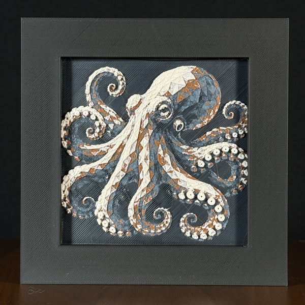 Framed geometric octopus layered 3D art piece featuring a stylized octopus design in a classic Heritage monochrome grey and white palette.