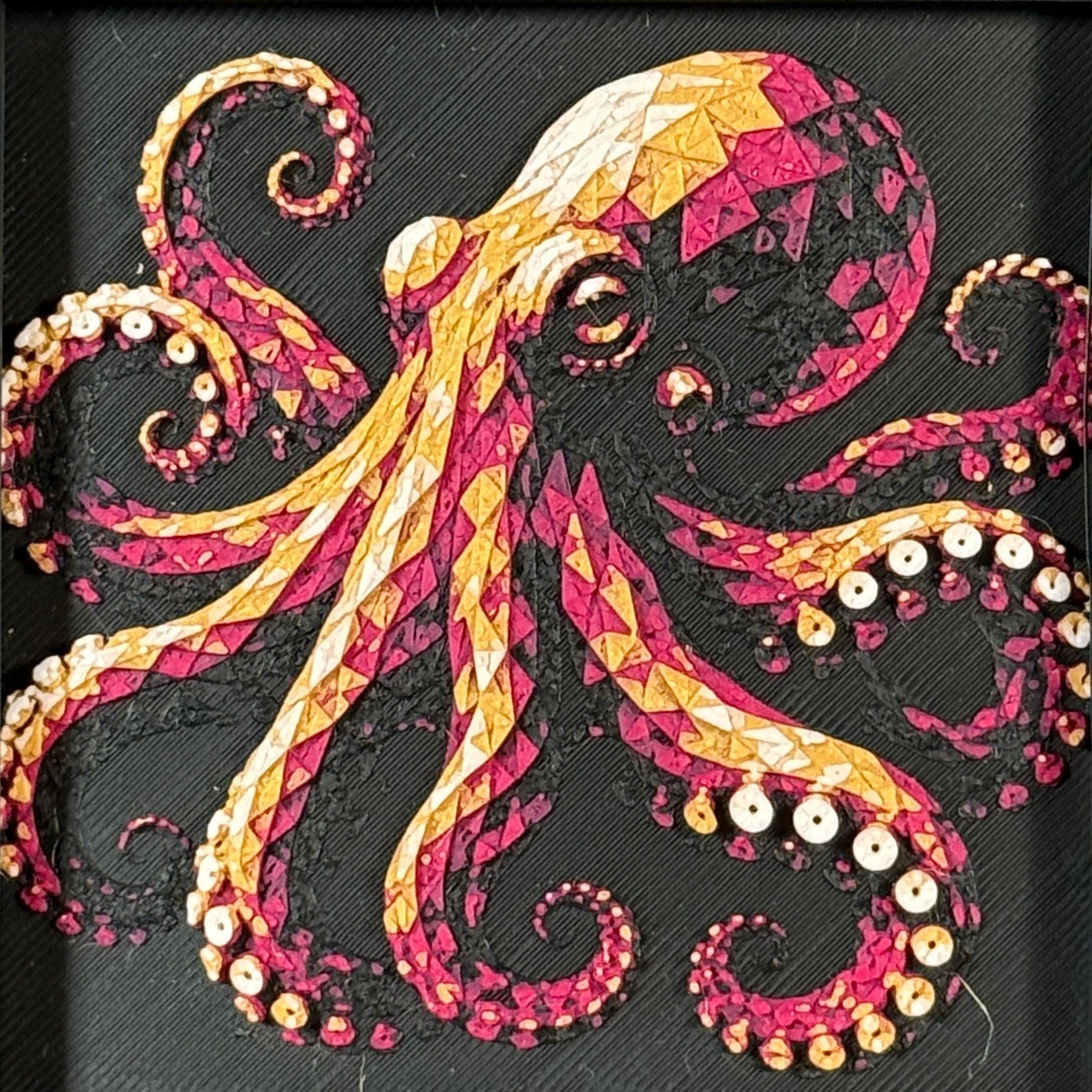 Four-panel framed geometric Octupus layered 3D art set showing the Octopus design in Heritage, Crimson Ice, Royal Gold, and Teal Orange color palettes inside a charcoal matte four-pack display frame.