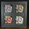Four-panel framed geometric orangutan layered art set showing the same orangutan design in four WTx3D color palettes, arranged in a charcoal black 2x2 frame with bold animal details, layered texture, and high-contrast colors.