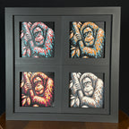 Four-panel framed geometric orangutan layered art set showing the same orangutan design in four WTx3D color palettes, arranged in a charcoal black 2x2 frame with bold animal details, layered texture, and high-contrast colors.