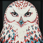 Framed geometric owl layered 3D art piece featuring a stylized owl design in a vibrant Crimson Ice color palette.
