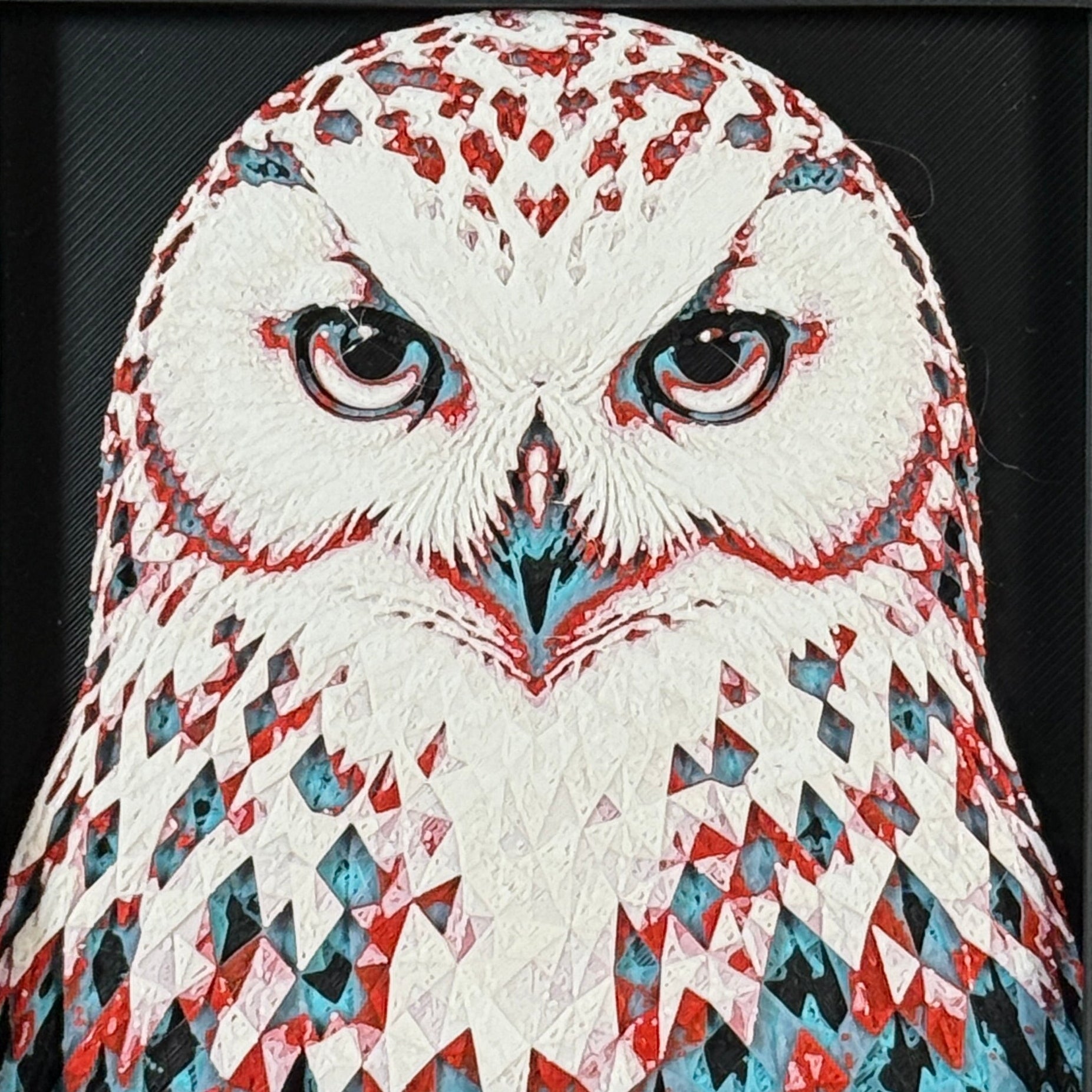 Framed geometric owl layered 3D art piece featuring a stylized owl design in a vibrant Crimson Ice color palette.
