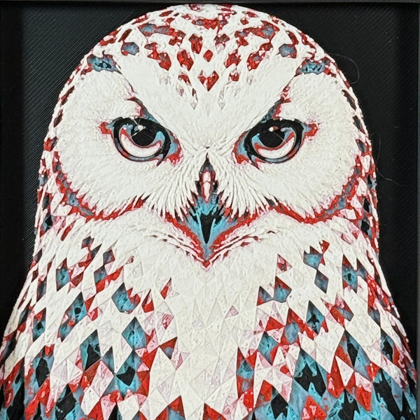 Framed geometric owl layered 3D art piece featuring a stylized owl design in a vibrant Crimson Ice color palette.