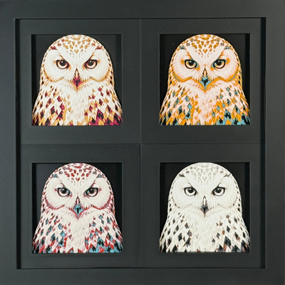Four-panel framed geometric Owl layered 3D art set showing the Owl design in Heritage, Crimson Ice, Royal Gold, and Teal Orange color palettes inside a charcoal matte four-pack display frame.