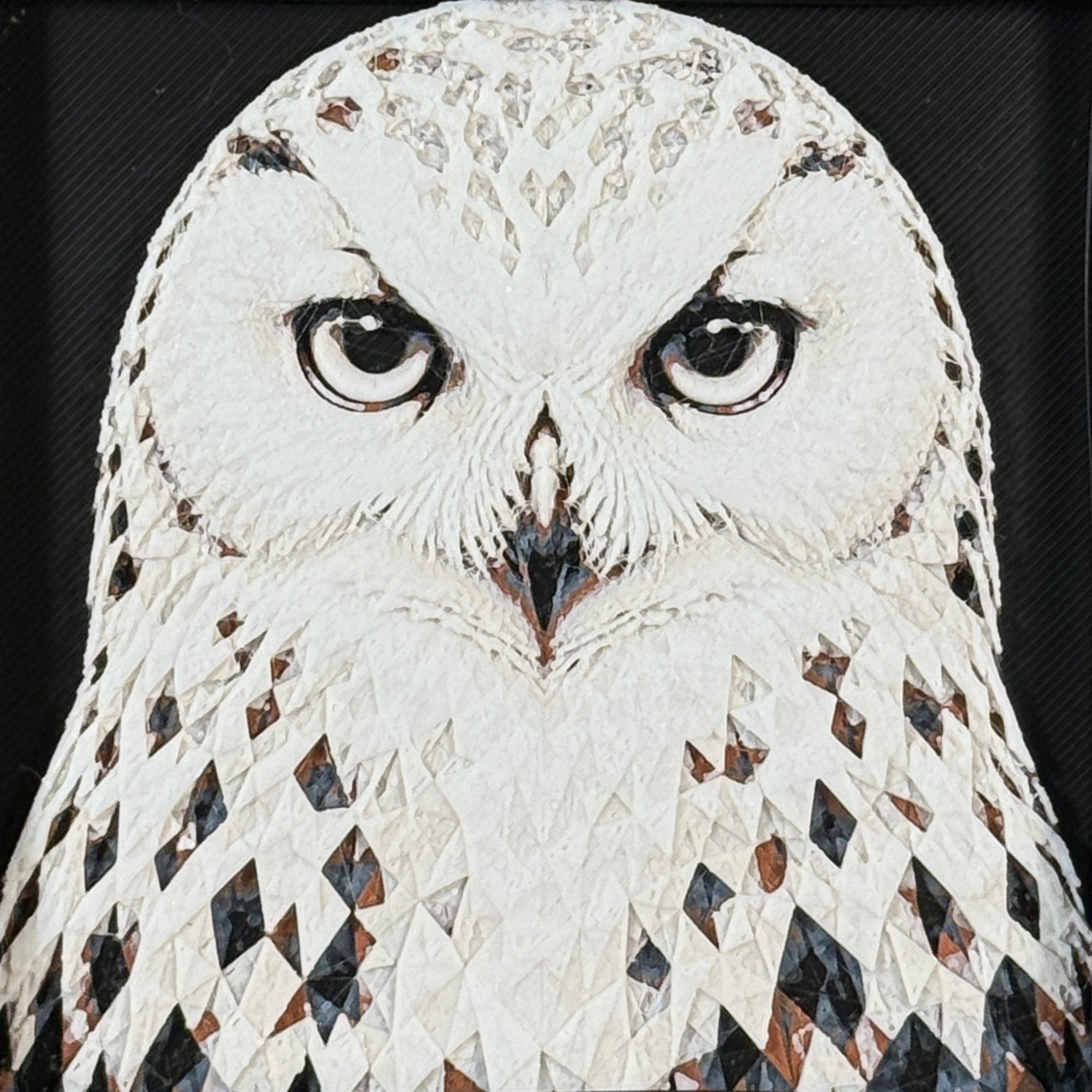 Framed geometric owl layered 3D art piece featuring a stylized owl design in a classic Heritage monochrome grey and white palette.