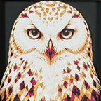 Framed geometric owl layered 3D art piece featuring a stylized owl design in a rich Royal Gold color palette.