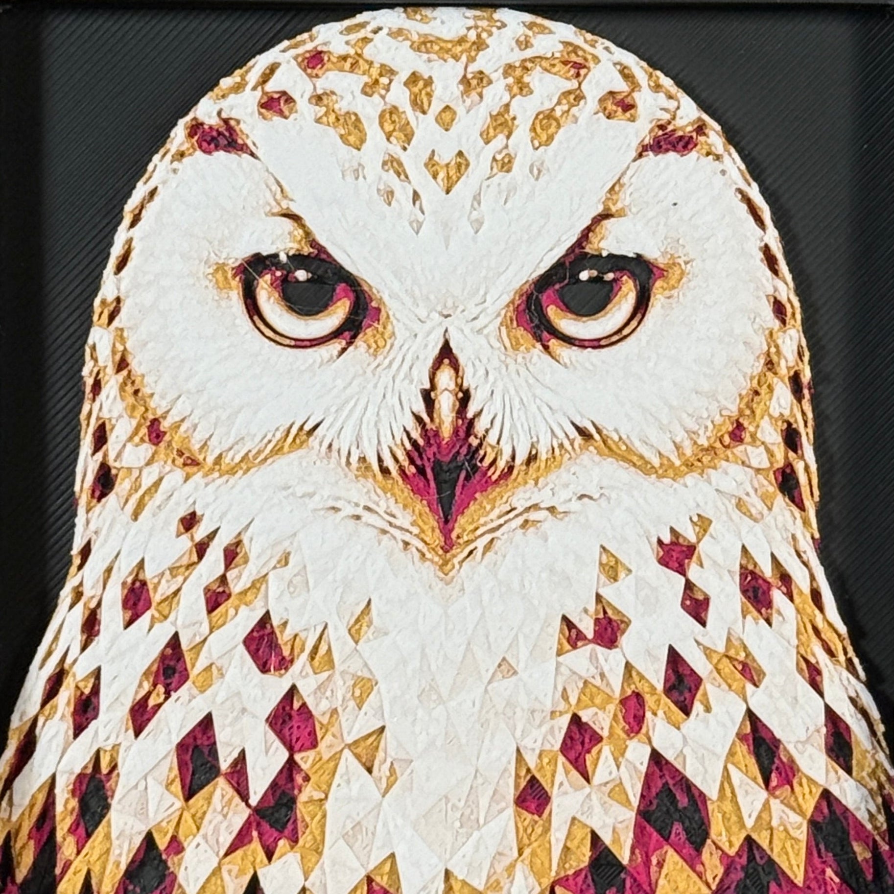 Framed geometric owl layered 3D art piece featuring a stylized owl design in a rich Royal Gold color palette.
